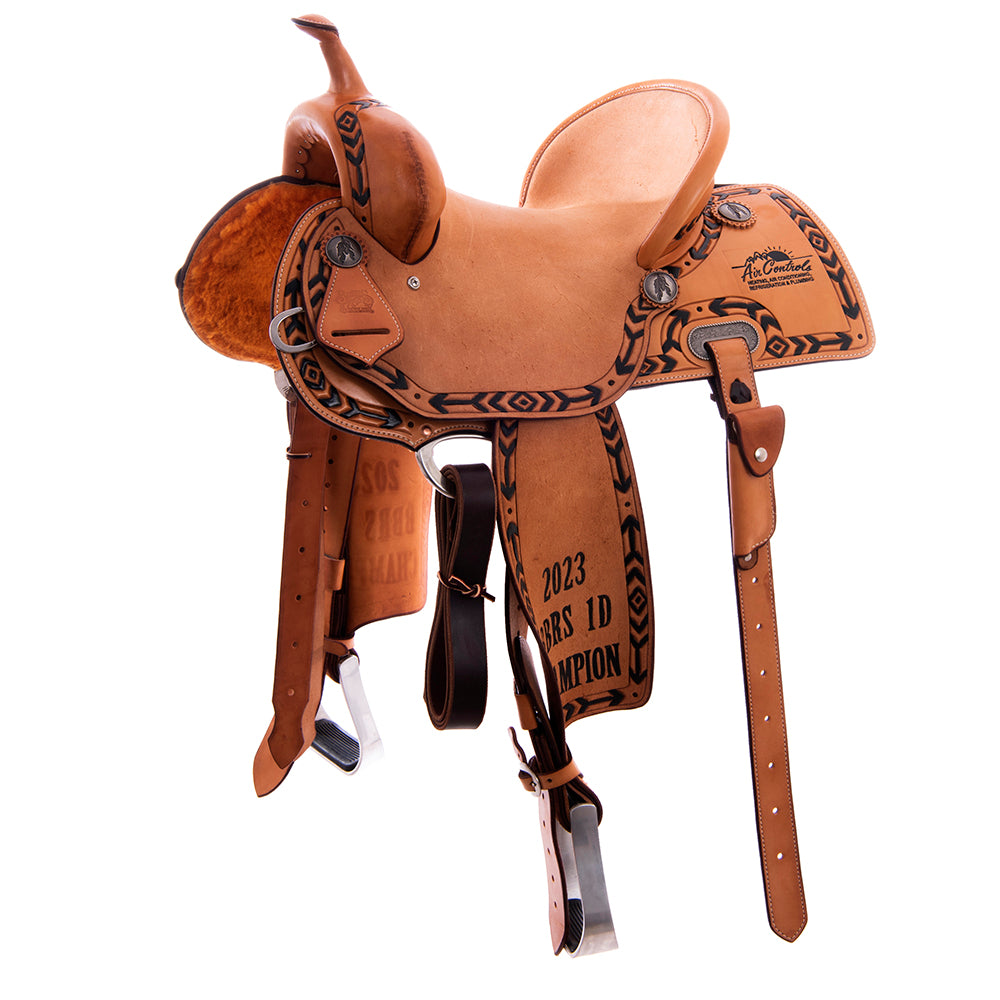 Burns Russet SO/RO Barrel Saddle - Semi Square - Arrow Paint and Border - Standard Binding