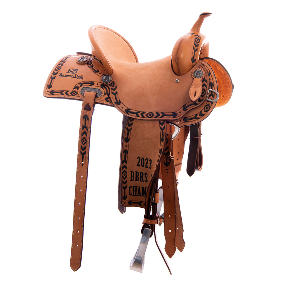 Burns Russet SO/RO Barrel Saddle - Semi Square - Arrow Paint and Border - Standard Binding