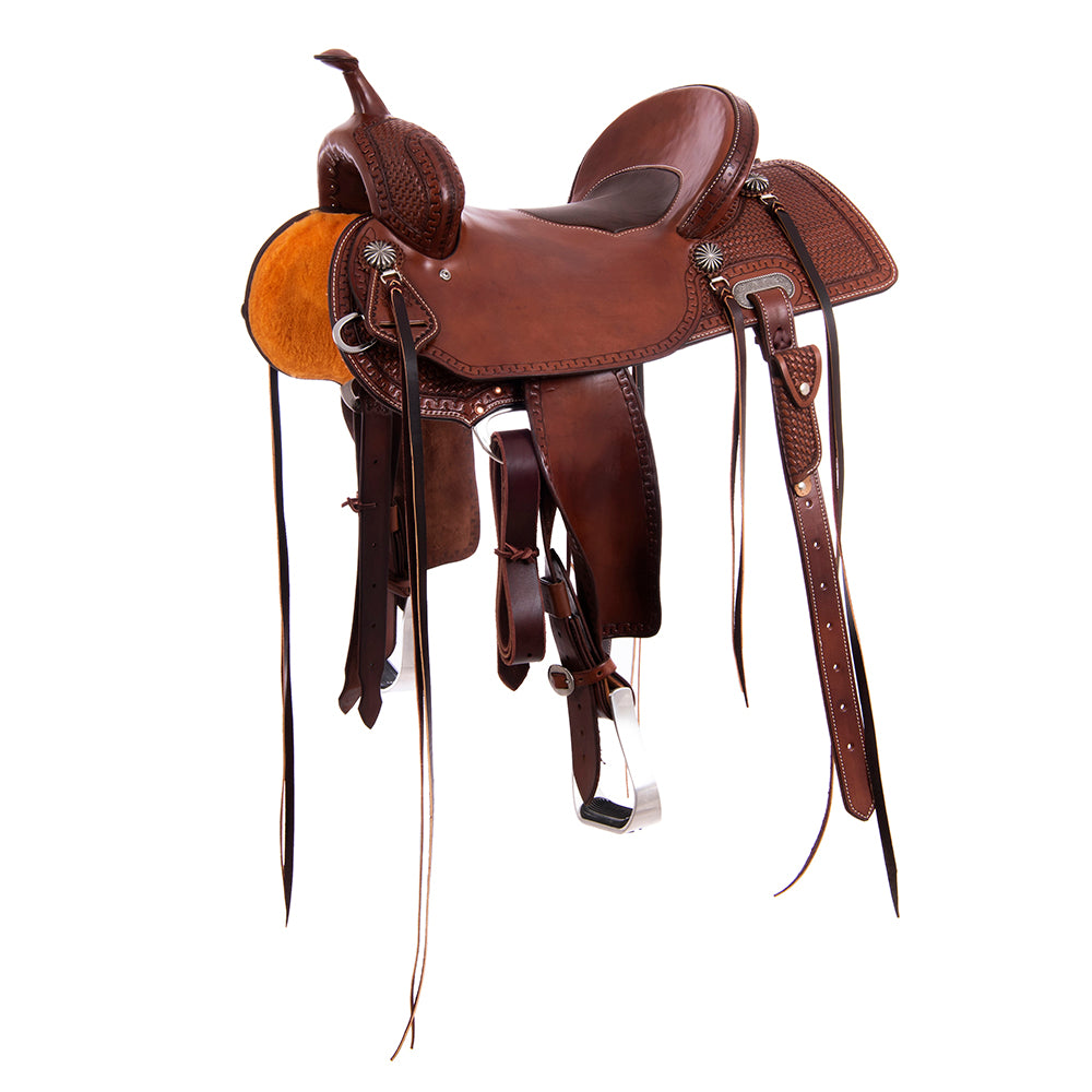 Burns Chocolate SO Trail Saddle - Semi Square - Full Snake Border 1/2 Basket - Chocolate Suede Inla