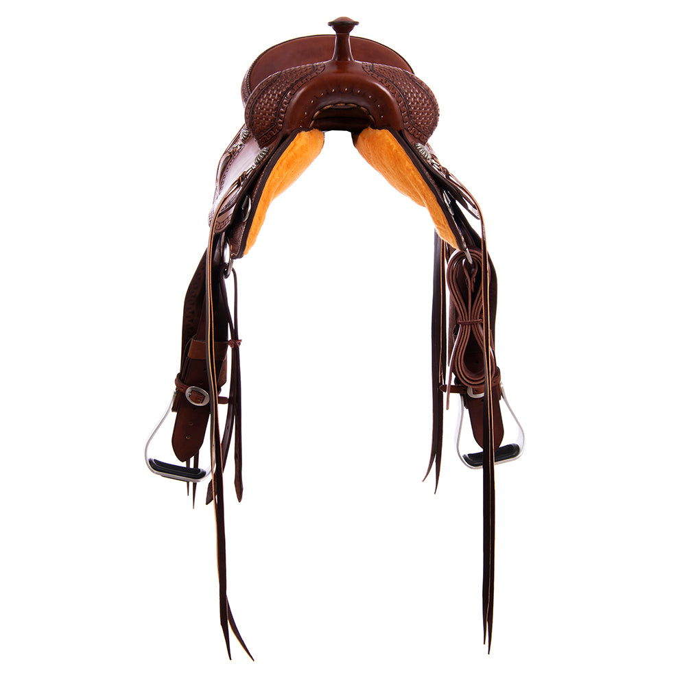 Burns Chocolate SO Trail Saddle - Semi Square - Full Snake Border 1/2 Basket - Chocolate Suede Inla