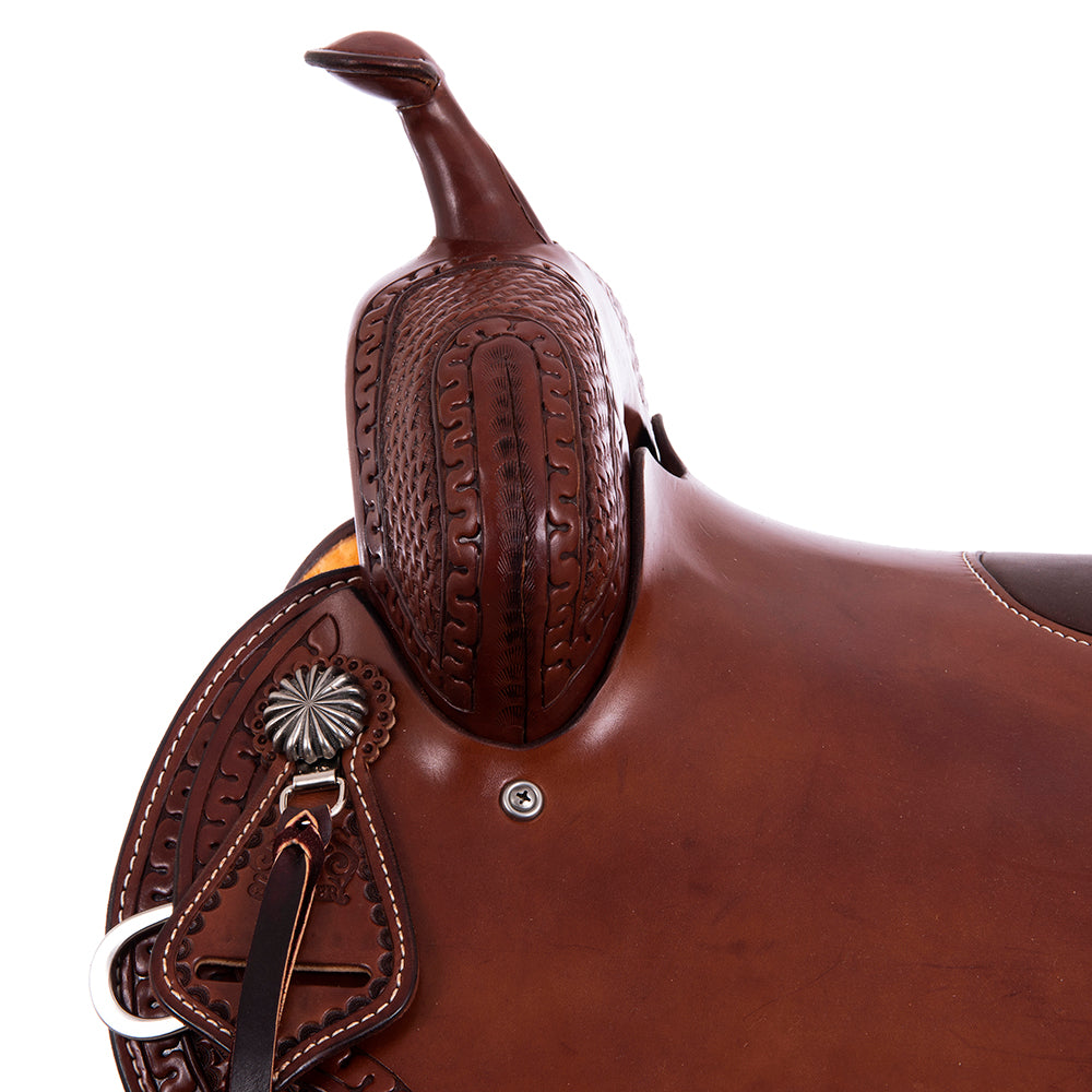 Burns Chocolate SO Trail Saddle - Semi Square - Full Snake Border 1/2 Basket - Chocolate Suede Inla
