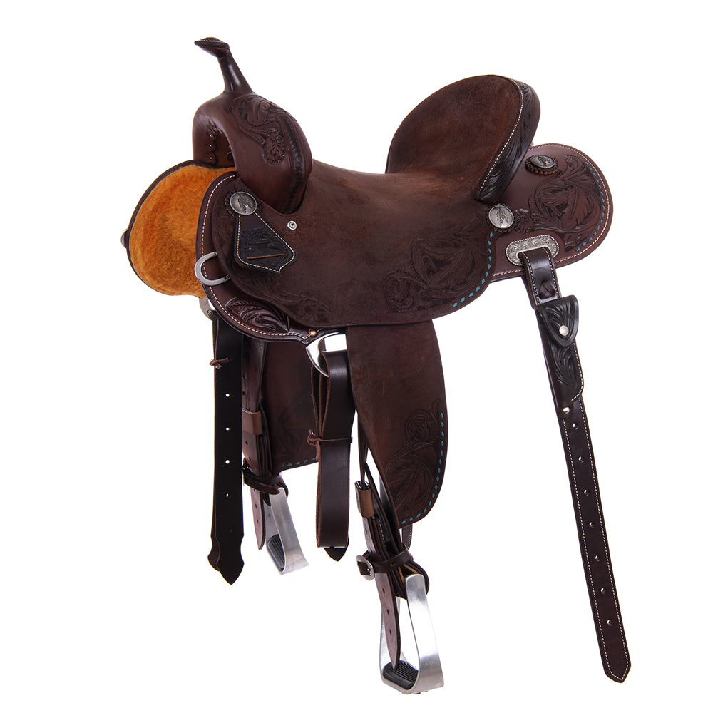 Barrel Saddle – Chocolate Smoothout/Roughout, Round Skirt, Buckstitched Feather Floral Corner Tooling