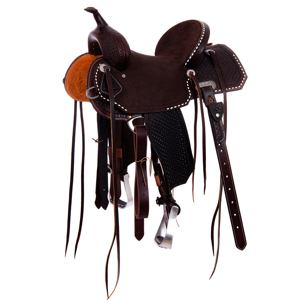 7/8 Chocolate Smooth 1/8 Roughout Barrel Saddle- Notched 7/8 Diamond Waffle Tooling and White Buckstitch, Cheyenne