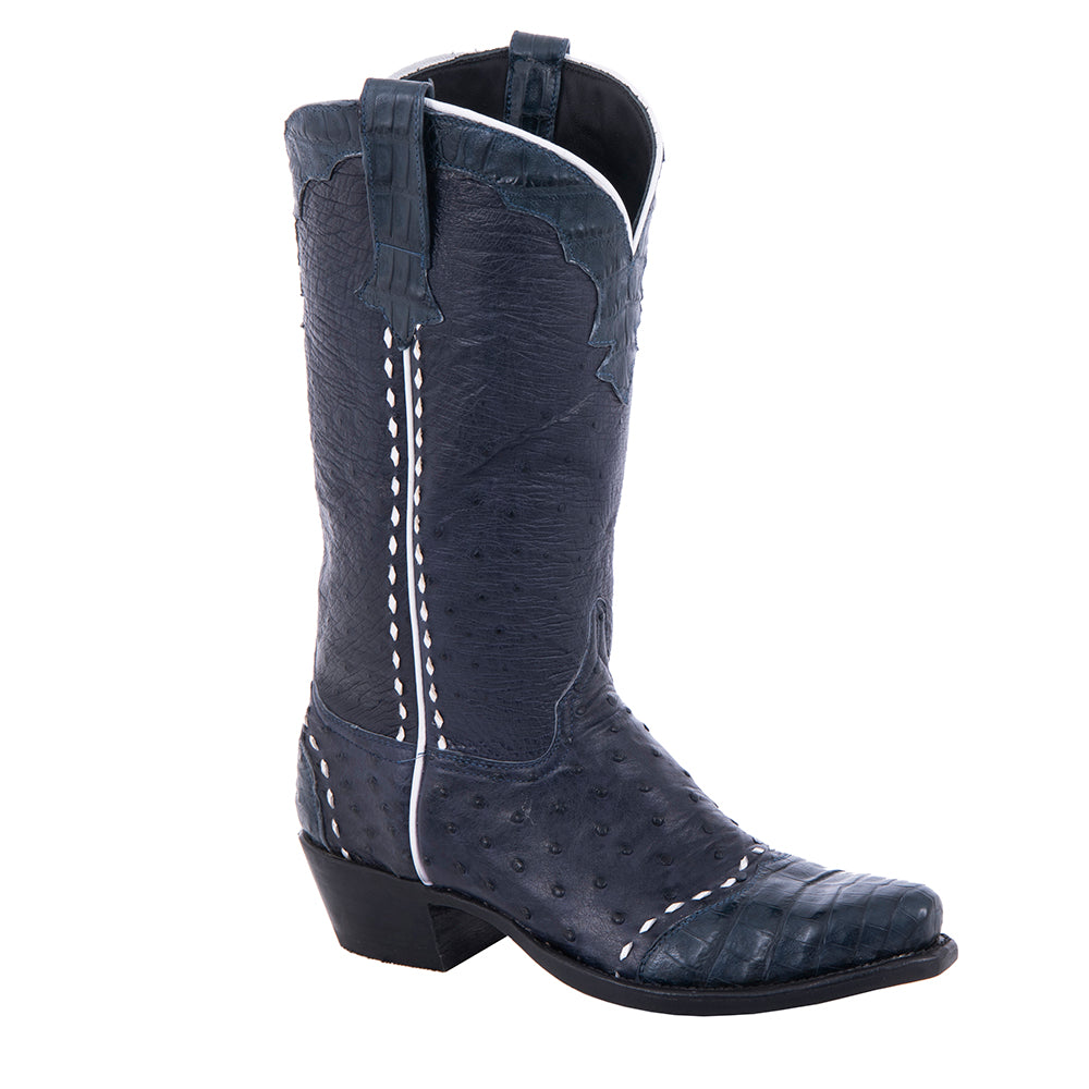 Ladies Cowboy 13" Navy FQ Ostrich w/Navy Caiman WT-HF Collar White Buckstitch