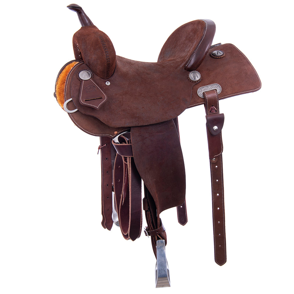 Chocolate Roughout Barrel Saddle- Semi Square Skirts, Cheyene Roll, Hard Seat