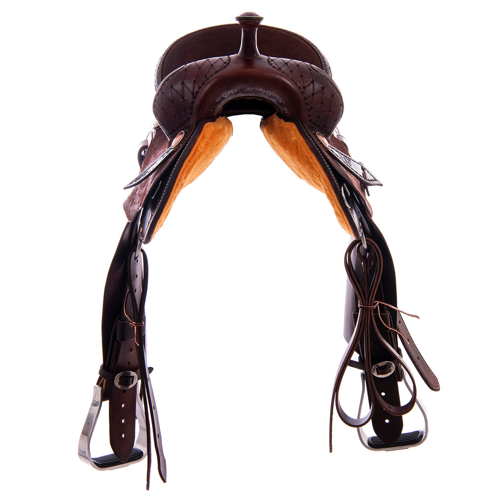1/2 Smooth Chocolate 1/2 Chocolate Roughout Barrel Saddle- Round Skirts, 1/2 Old World