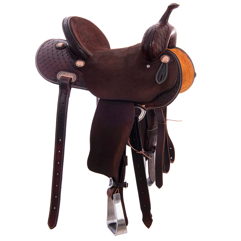 1/2 Smooth Chocolate 1/2 Chocolate Roughout Barrel Saddle- Round Skirts, 1/2 Old World