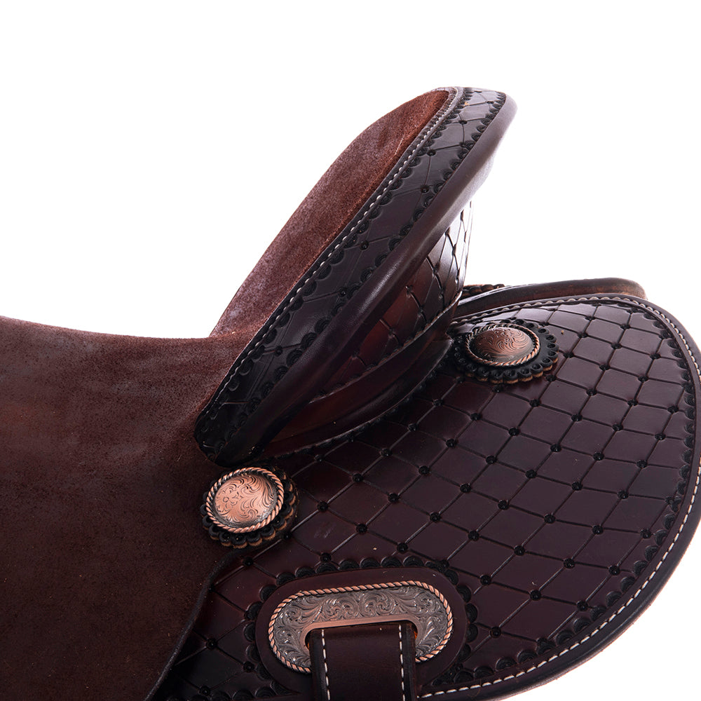 1/2 Smooth Chocolate 1/2 Chocolate Roughout Barrel Saddle- Round Skirts, 1/2 Old World