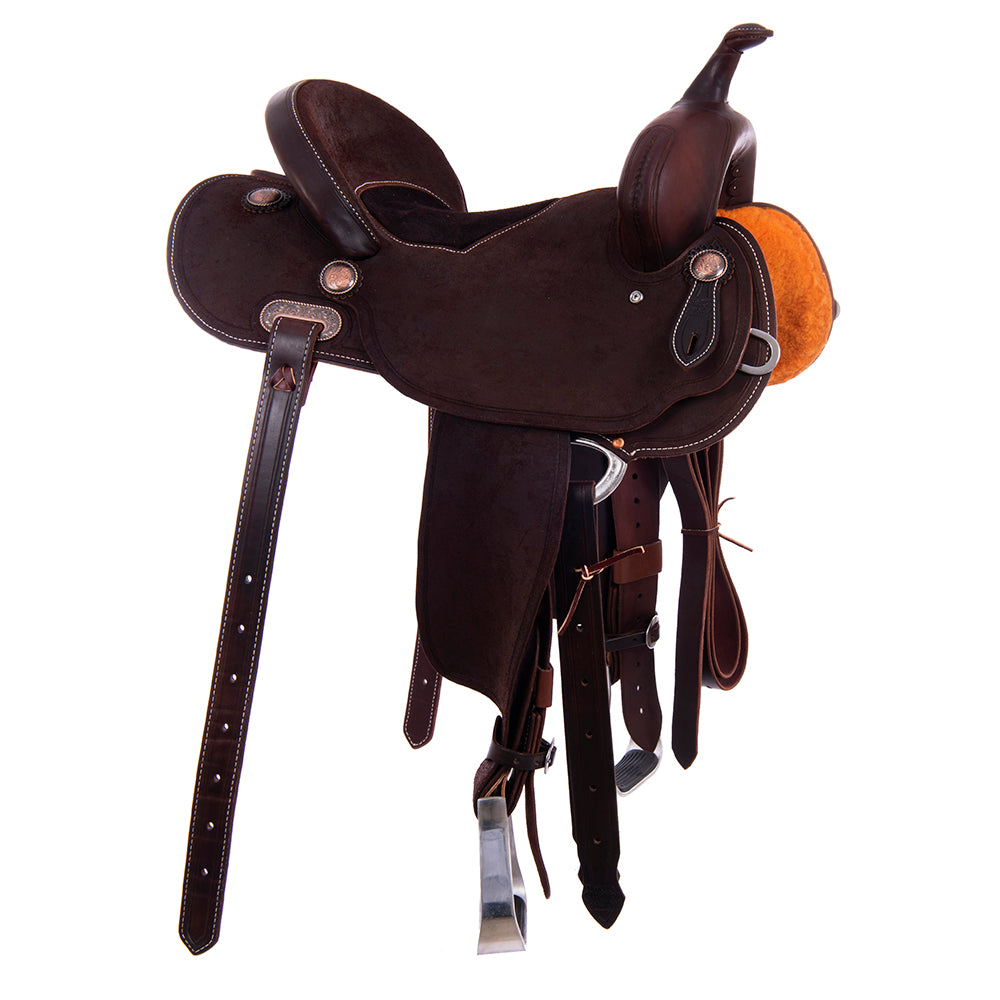 7/8 Chocolate Roughout Barrel Saddle- Round Skirts, Beadline Border, Chocolate Roughout Inlay