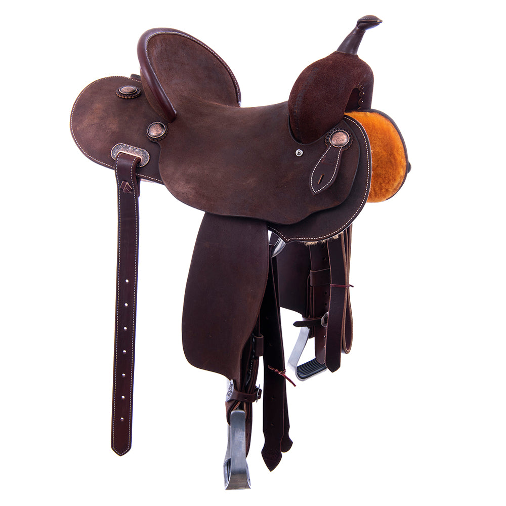 FULL CHOCOLATE ROUGHOUT BARREL SADDLE - ROUND SKIRTS STANDARD BINDING NO TOOLING