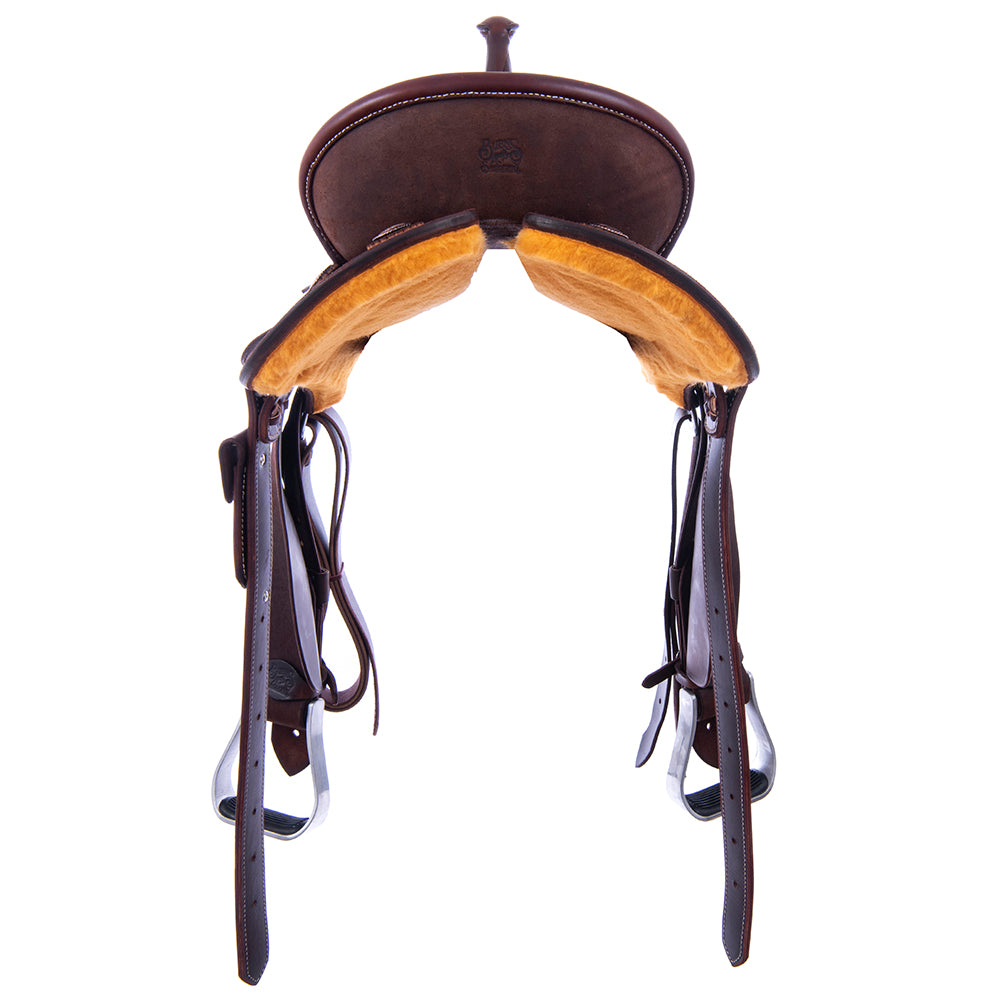 CHOCOLATE ROUGHOUT BARREL SADDLE - ROUND SKIRTS, NO TOOLING, PENCIL ROLL