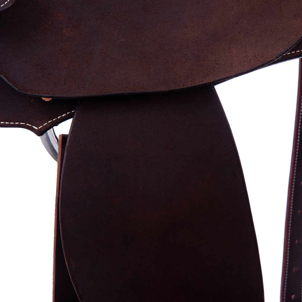 CHOCOLATE ROUGHOUT BARREL SADDLE - ROUND SKIRTS, NO TOOLING, PENCIL ROLL