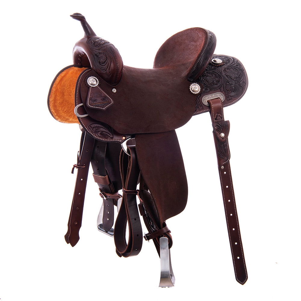 1/2 Smooth Chocolate 1/2 Chocolate Roughout Barrel Saddle- Round 1/2 Wyo Floral