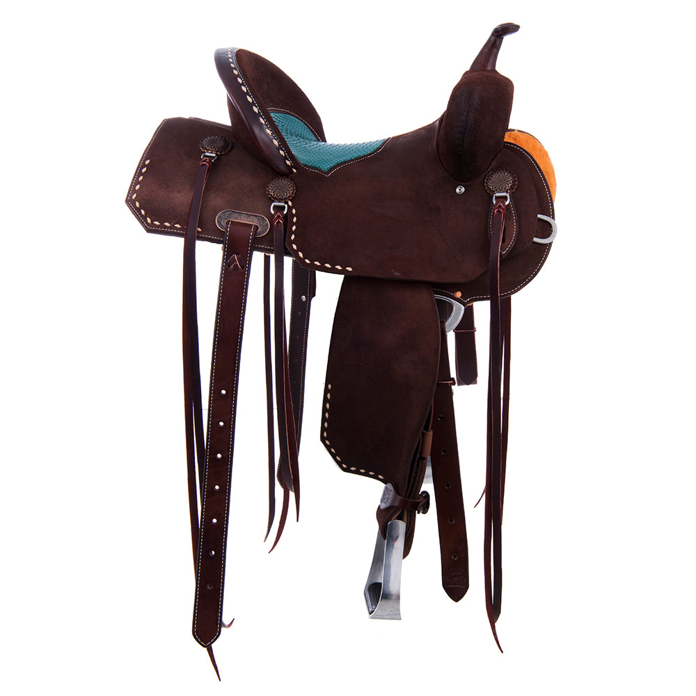 Chocolate Roughout Barrel Saddle- Notched Natural Buckstitch Corners with Turquoise Python Seat