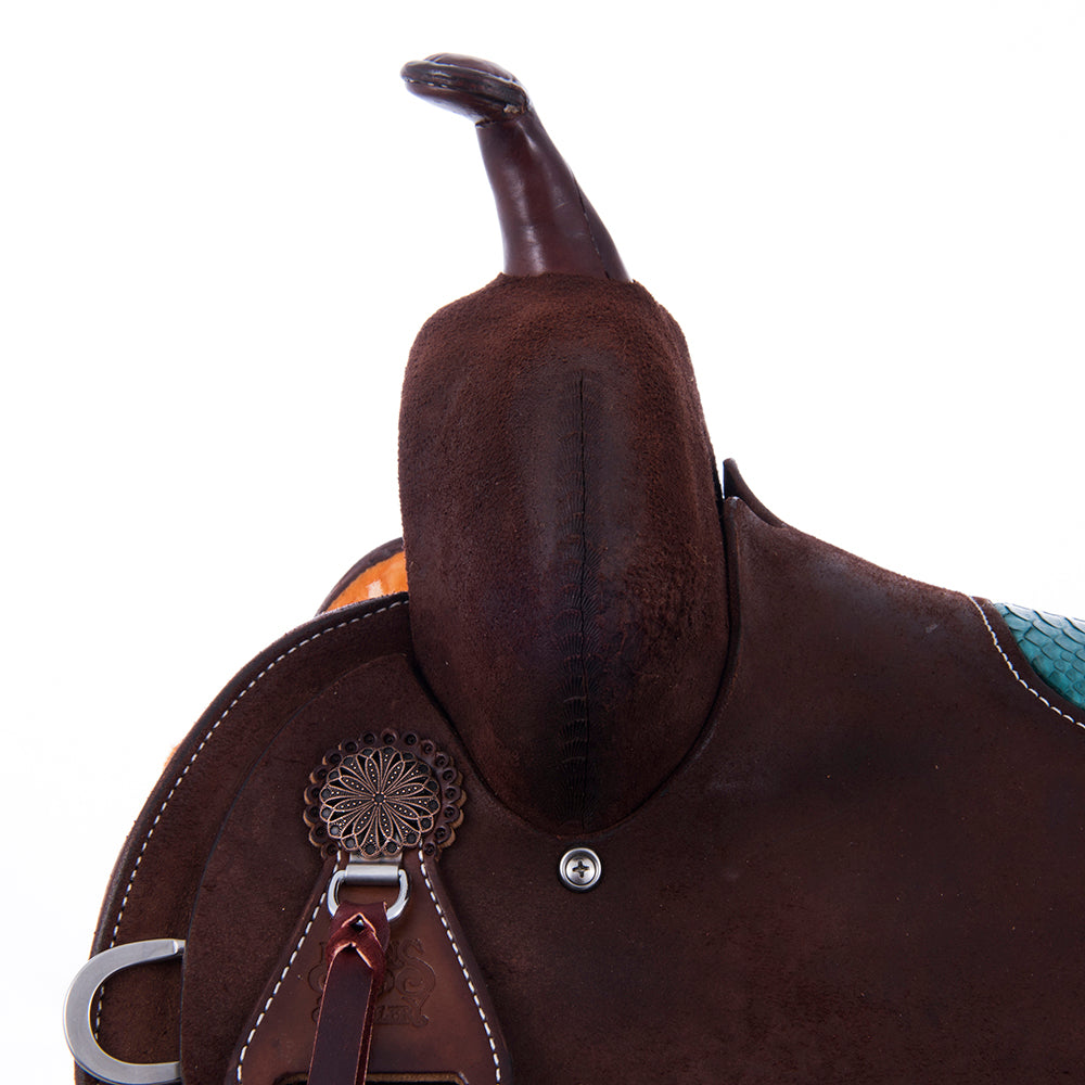 Chocolate Roughout Barrel Saddle- Notched Natural Buckstitch Corners with Turquoise Python Seat
