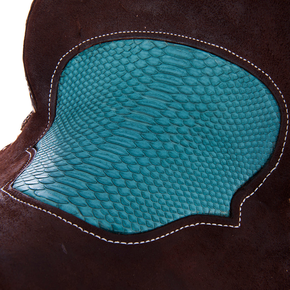 Chocolate Roughout Barrel Saddle- Notched Natural Buckstitch Corners with Turquoise Python Seat