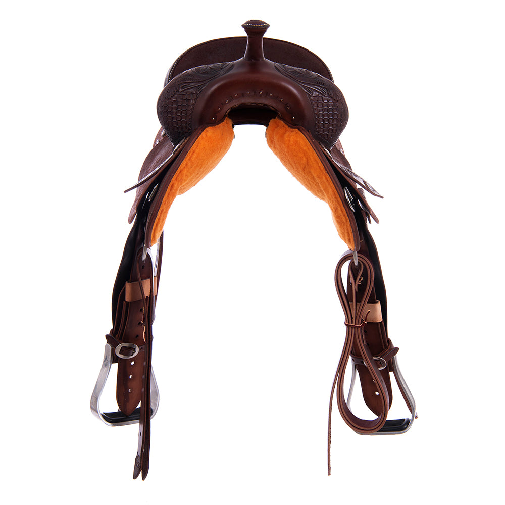Chocolate Roughout Barrel Saddle- Round Skirts, 1/8 Waffle and D Daisy, Cheyenne, Hard Seat