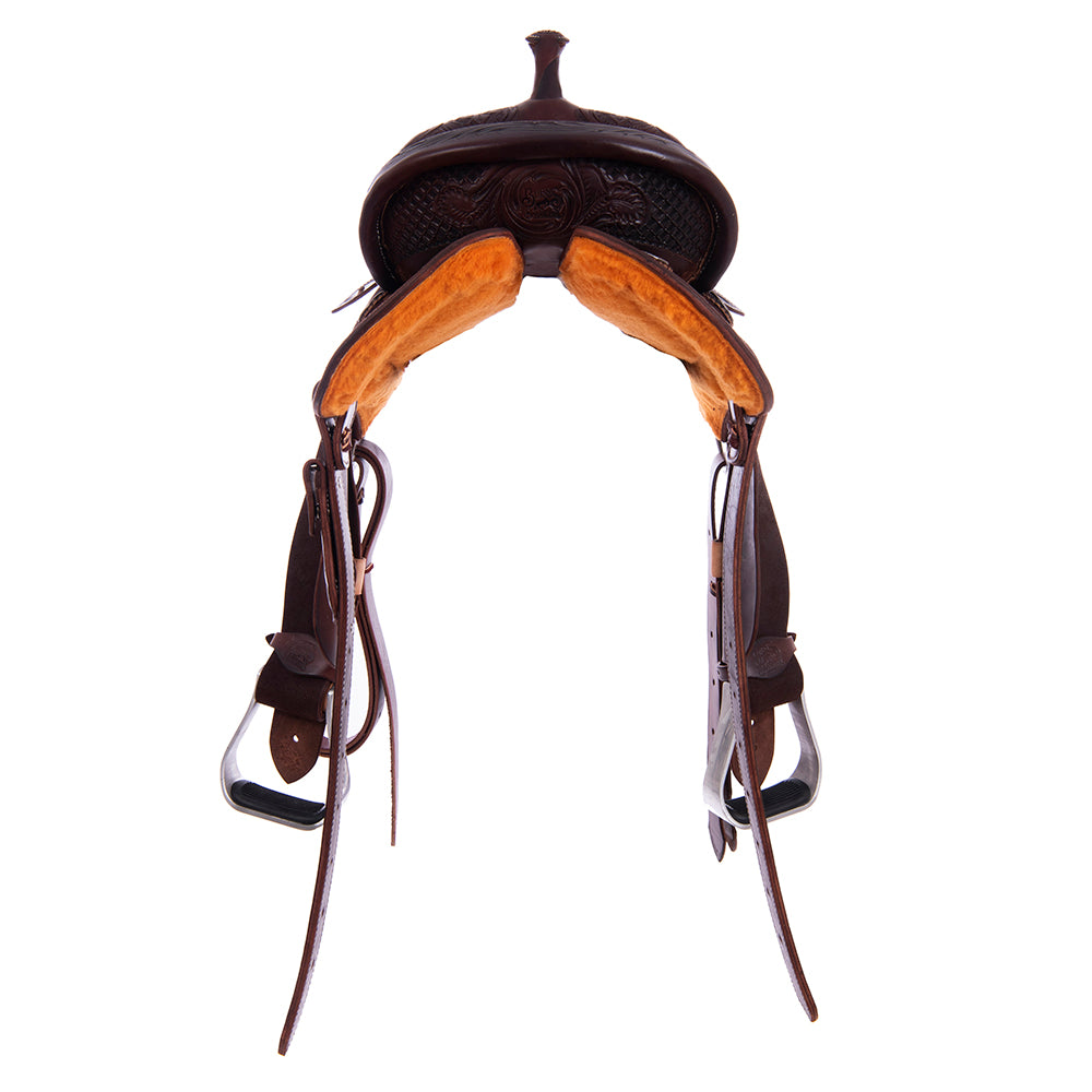 Chocolate Roughout Barrel Saddle- Round Skirts, 1/8 Waffle and D Daisy, Cheyenne, Hard Seat