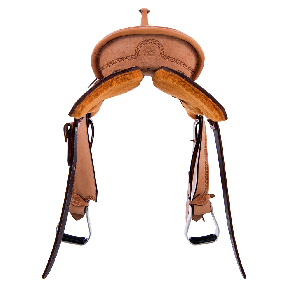 FULL RUSSET ROUGHOUT BARREL SADDLE - NOTCHED SKIRTS DIAMOND HALF DIAMOND BORDER