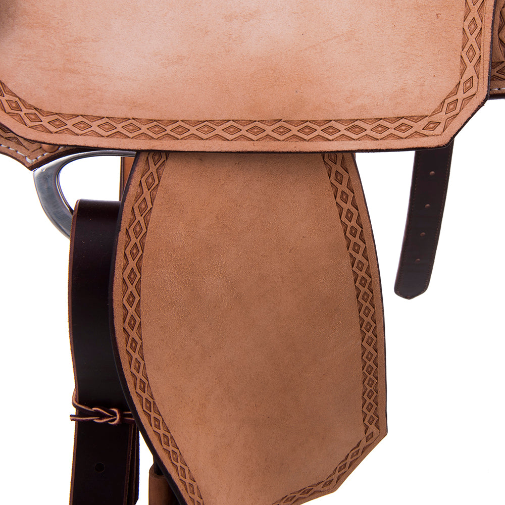 FULL RUSSET ROUGHOUT BARREL SADDLE - NOTCHED SKIRTS DIAMOND HALF DIAMOND BORDER