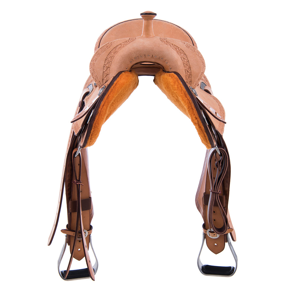Russet Roughout Barrel Saddle- Round Skirts, Deeter Border, Cheyenne, Hard Seat