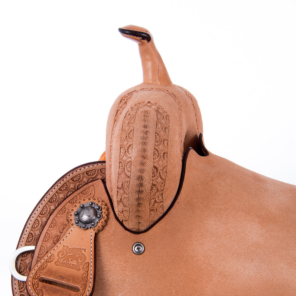 Russet Roughout Barrel Saddle- Round Skirts, Deeter Border, Cheyenne, Hard Seat