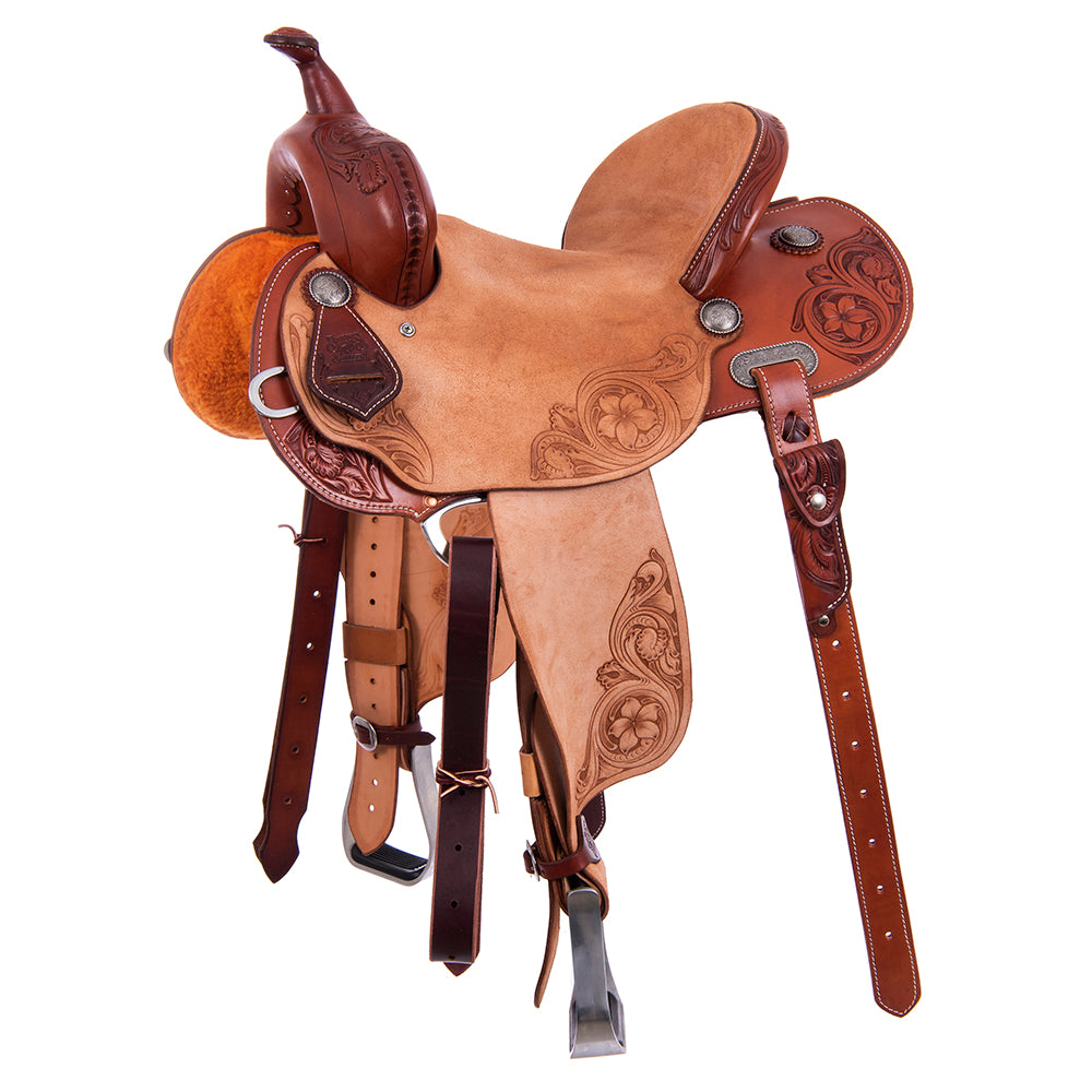 1/2 Smooth Chesnut 1/2 Russet Roughout Barrel Saddle- Round Skirts, D Daisy Floral Corner, Cheyenne Roll, Hard Seat