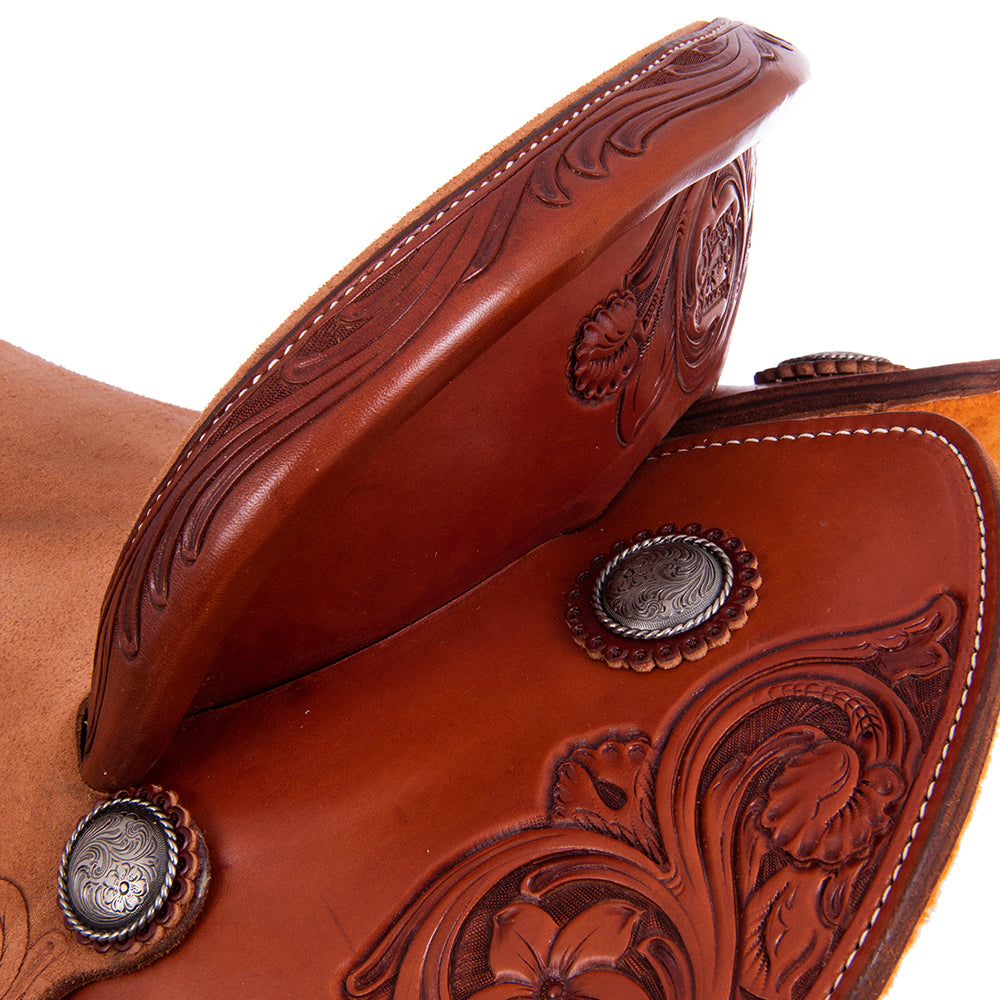 Barrel Saddle – Chestnut Smoothout & Russet Roughout, D. Daisy Floral Corners