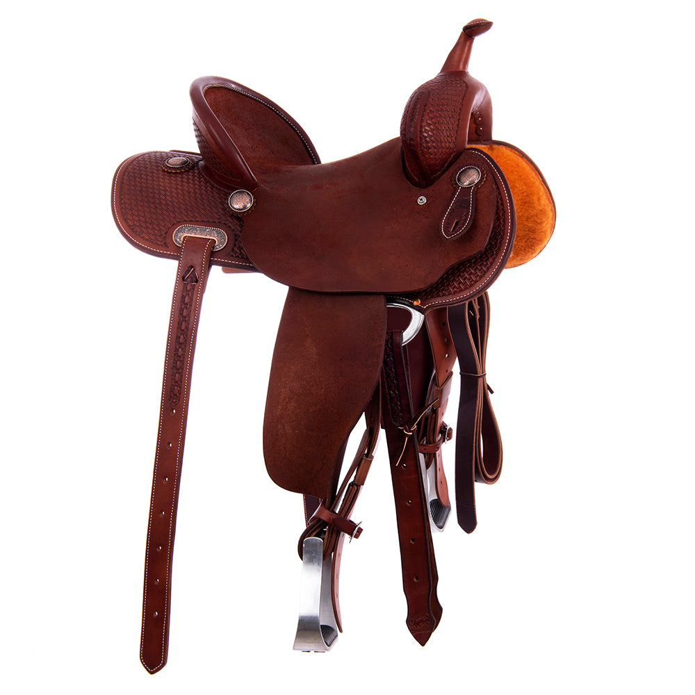 1/2 Smooth Chestnut 1/2 Roughout Barrel Saddle- Round skirts, 1/2 Basket 1/2 Camo Border, Pencil Roll