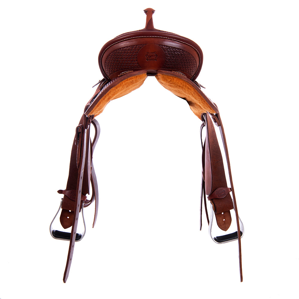 1/2 Smooth Chestnut 1/2 Roughout Barrel Saddle- Round skirts, 1/2 Basket 1/2 Camo Border, Pencil Roll