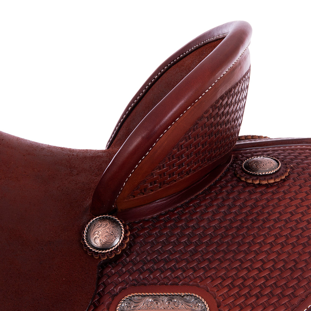 1/2 Smooth Chestnut 1/2 Roughout Barrel Saddle- Round skirts, 1/2 Basket 1/2 Camo Border, Pencil Roll