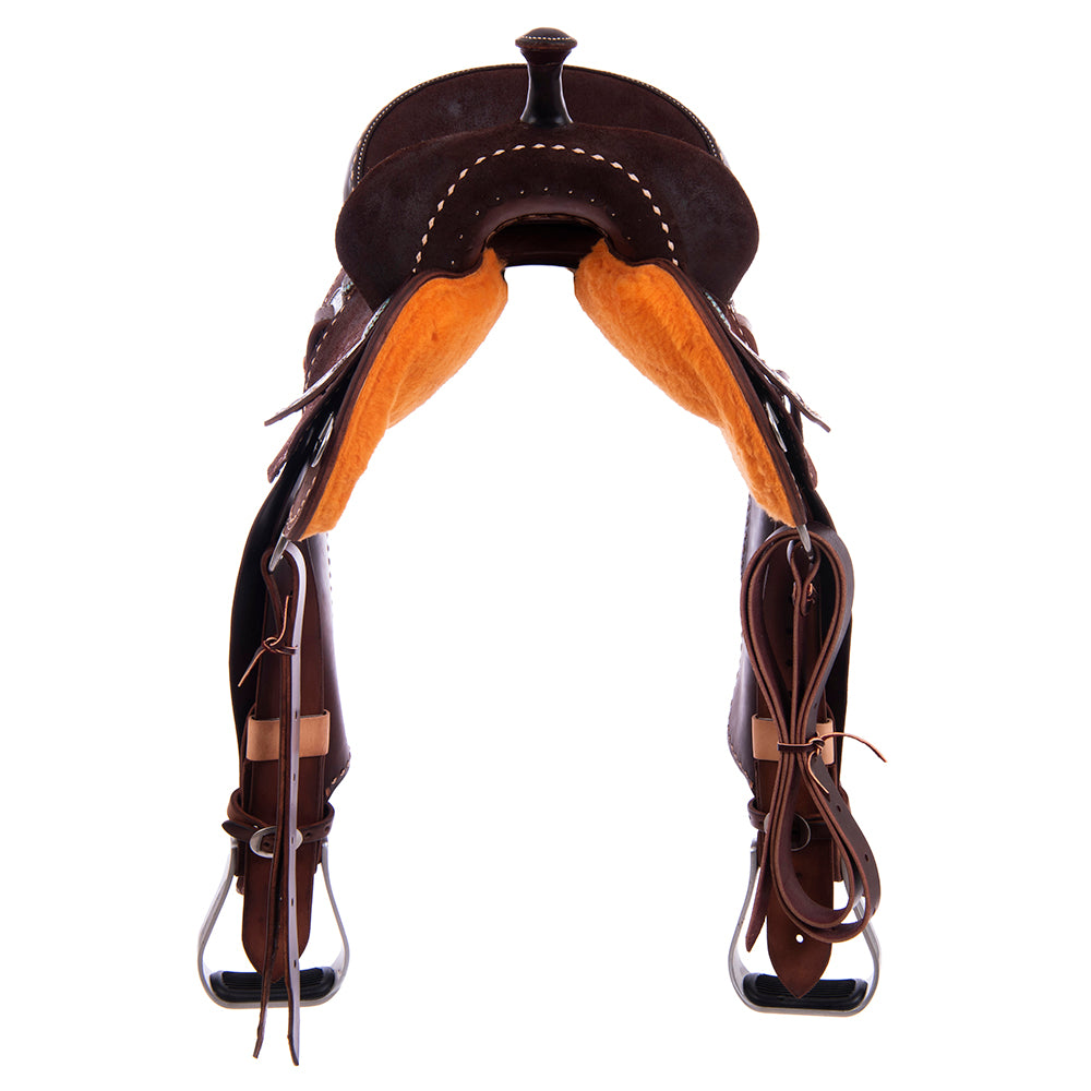 Chocolate Roughout Barrel Saddle- Round Skirts, Full Natural Buckstitch, Cheyenne