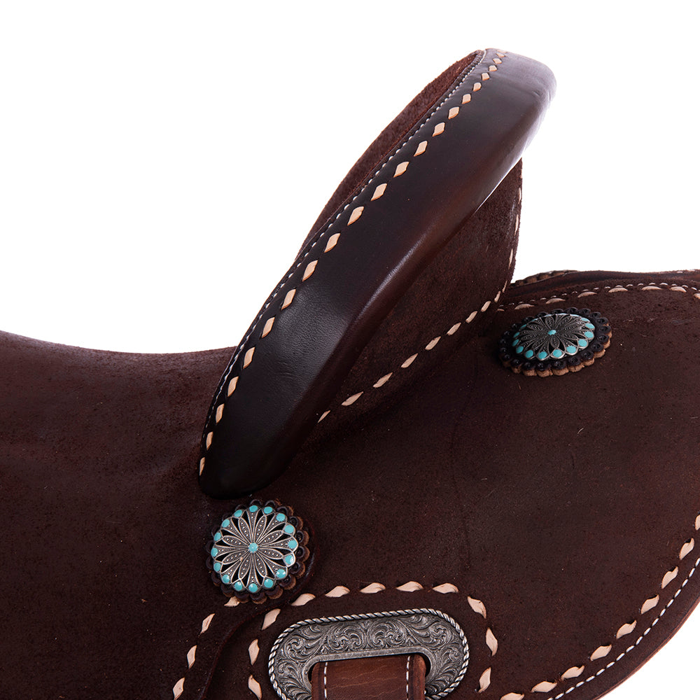 Chocolate Roughout Barrel Saddle- Round Skirts, Full Natural Buckstitch, Cheyenne