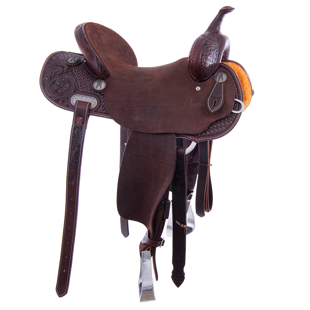 Barrel Saddle – Chocolate Leather, Smooth/Roughout, Round Skirt, 1/2 Waffle Tooling with MW Floral