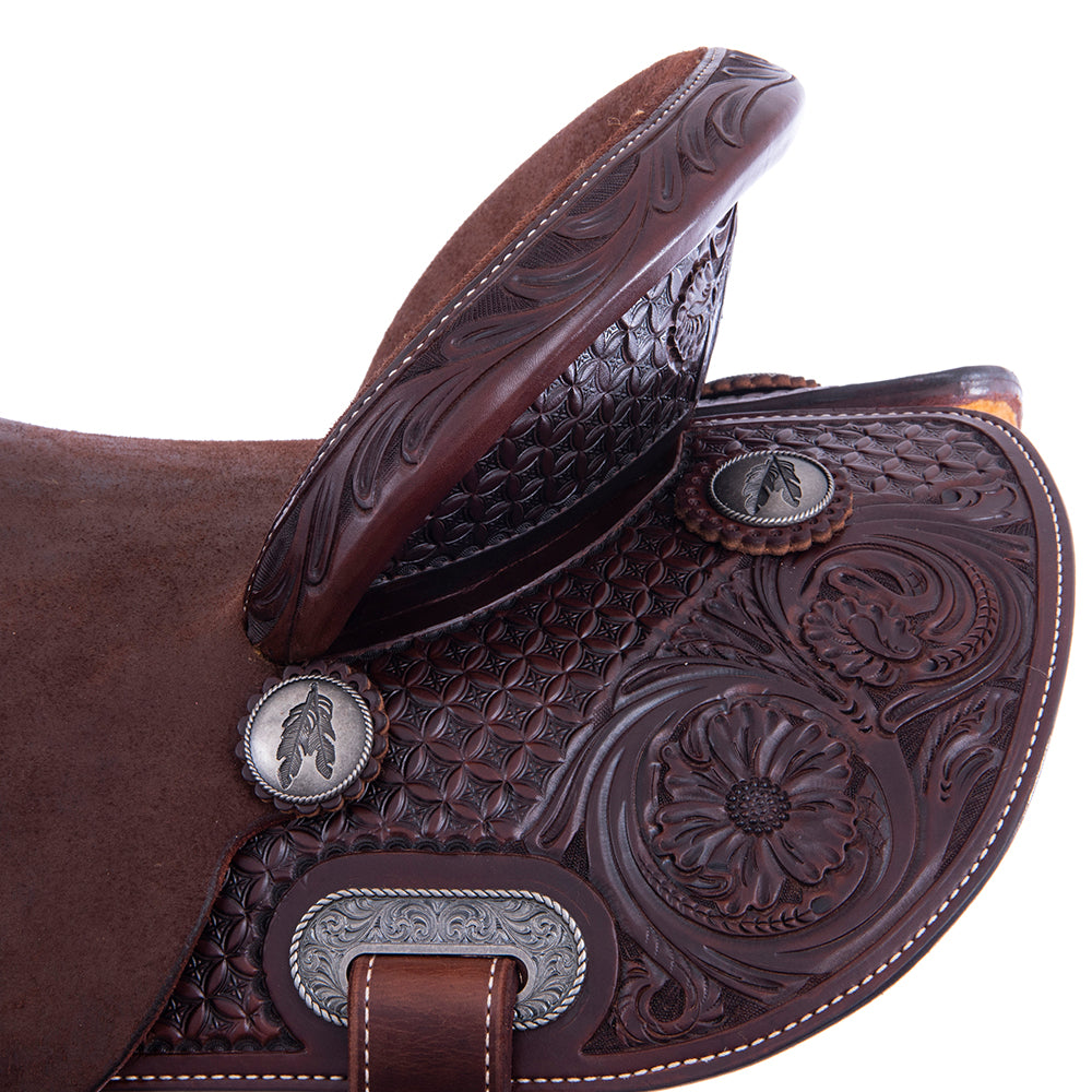 Barrel Saddle – Chocolate Leather, Smooth/Roughout, Round Skirt, 1/2 Waffle Tooling with MW Floral