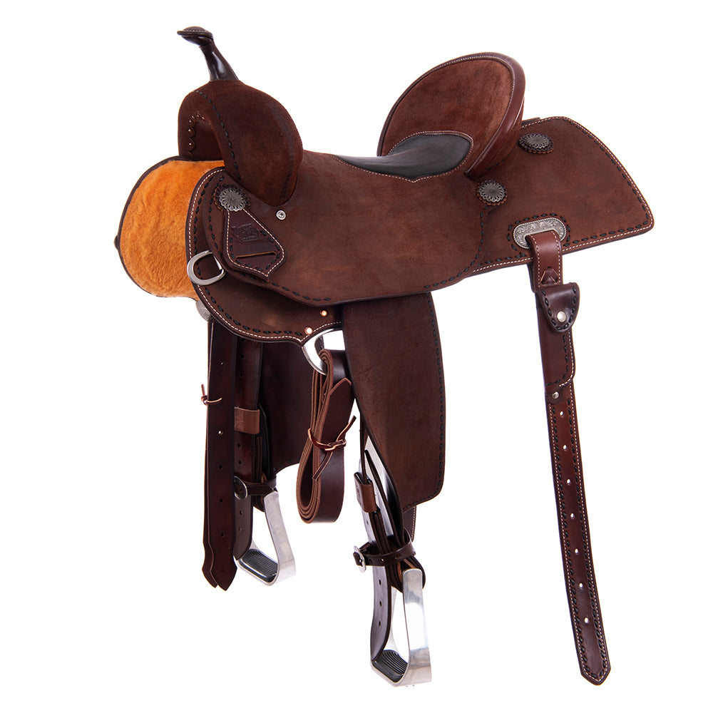 Full Chocolate Roughout Barrel Saddle - Semi Square Skirt, Full Black Buckstitch, Black Smooth Inlay Seat, Pencil Roll Binding
