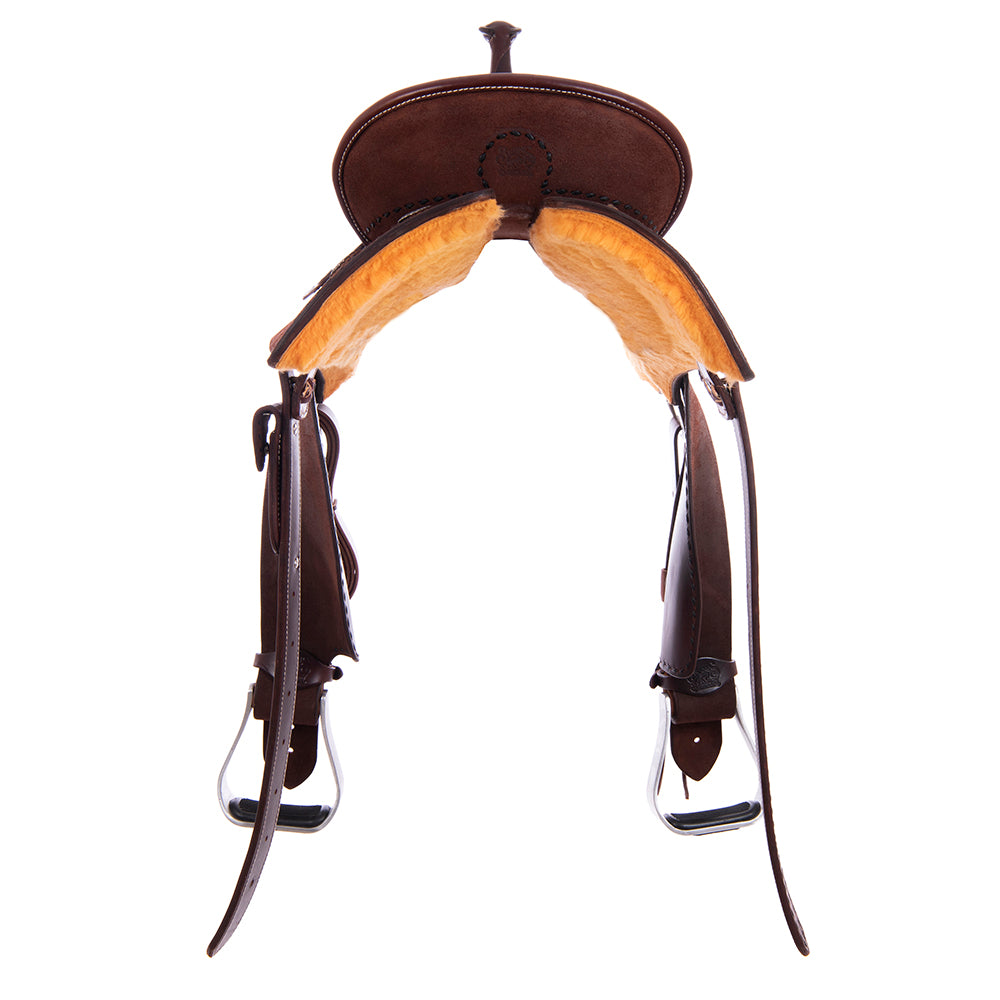 Full Chocolate Roughout Barrel Saddle - Semi Square Skirt, Full Black Buckstitch, Black Smooth Inlay Seat, Pencil Roll Binding