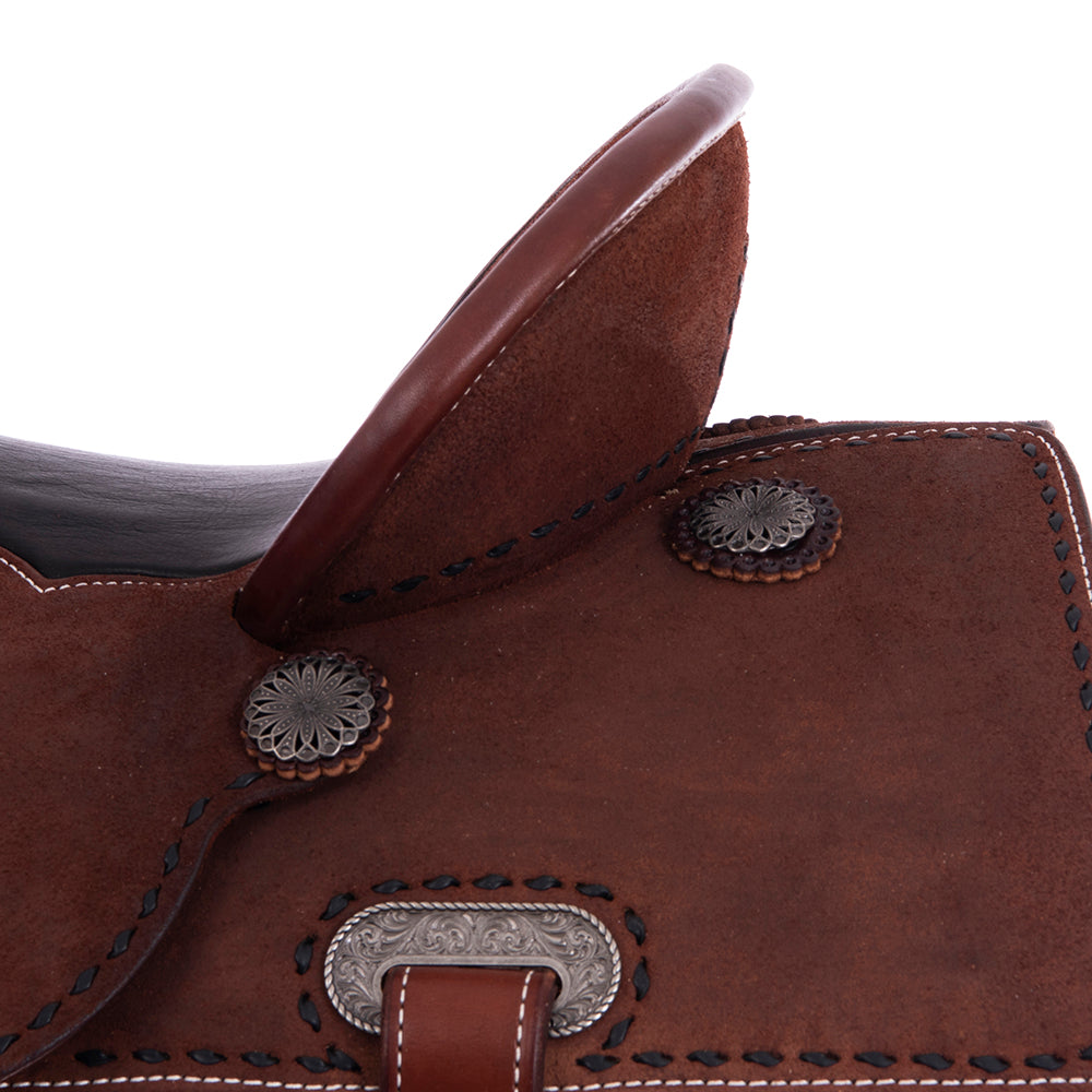 Full Chocolate Roughout Barrel Saddle - Semi Square Skirt, Full Black Buckstitch, Black Smooth Inlay Seat, Pencil Roll Binding