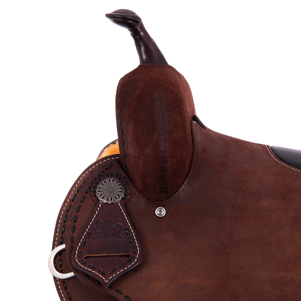 Full Chocolate Roughout Barrel Saddle - Semi Square Skirt, Full Black Buckstitch, Black Smooth Inlay Seat, Pencil Roll Binding
