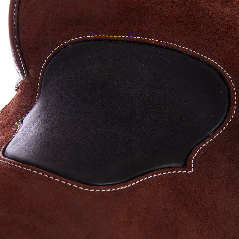 Full Chocolate Roughout Barrel Saddle - Semi Square Skirt, Full Black Buckstitch, Black Smooth Inlay Seat, Pencil Roll Binding