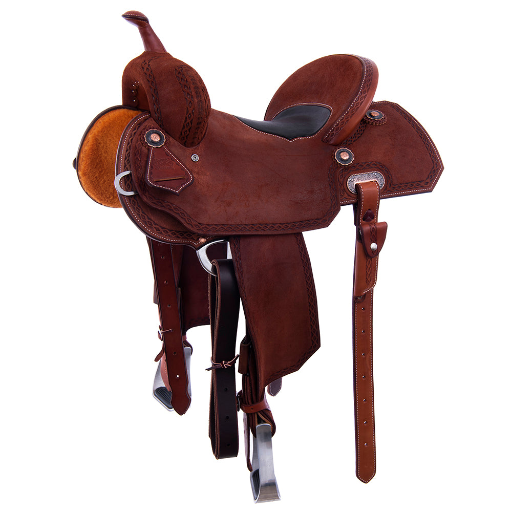 Chestnut Roughout Barrel Saddle- Notched Skirts, Diamond Half Diamond Border, Cheyenne, Black Inlay