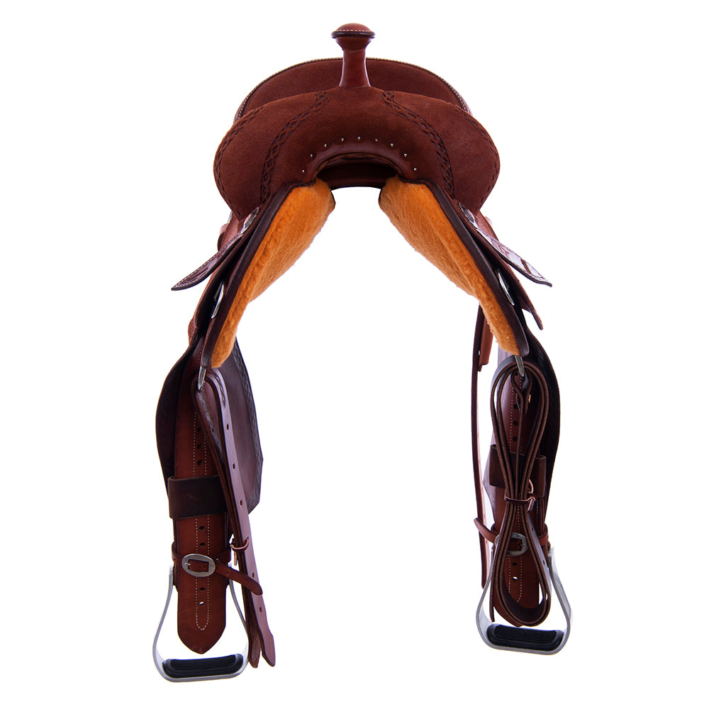 Chestnut Roughout Barrel Saddle- Notched Skirts, Diamond Half Diamond Border, Cheyenne, Black Inlay