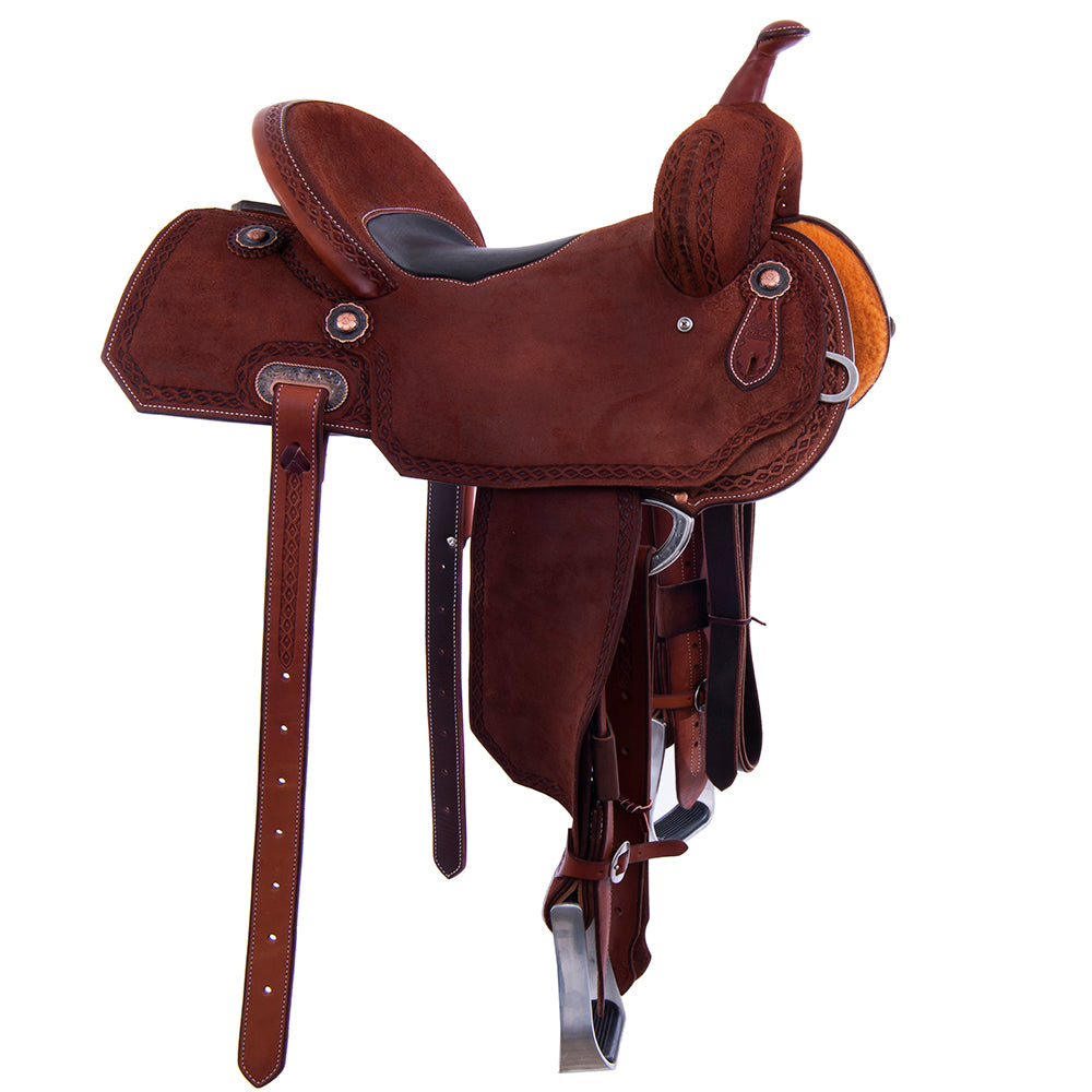 Chestnut Roughout Barrel Saddle- Notched Skirts, Diamond Half Diamond Border, Cheyenne, Black Inlay