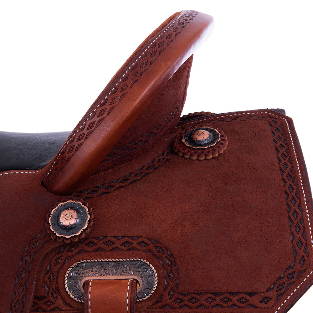 Chestnut Roughout Barrel Saddle- Notched Skirts, Diamond Half Diamond Border, Cheyenne, Black Inlay