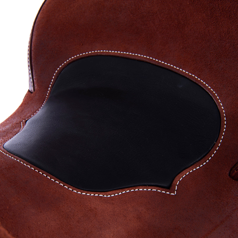 Chestnut Roughout Barrel Saddle- Notched Skirts, Diamond Half Diamond Border, Cheyenne, Black Inlay