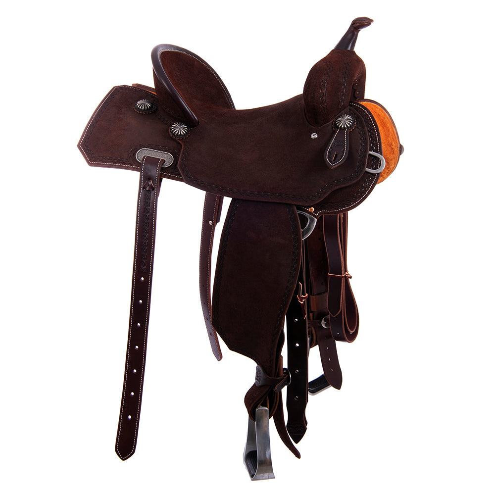 Burns Chocolate RO Barrel Saddle- Notched- DHD Border- Standard Binding