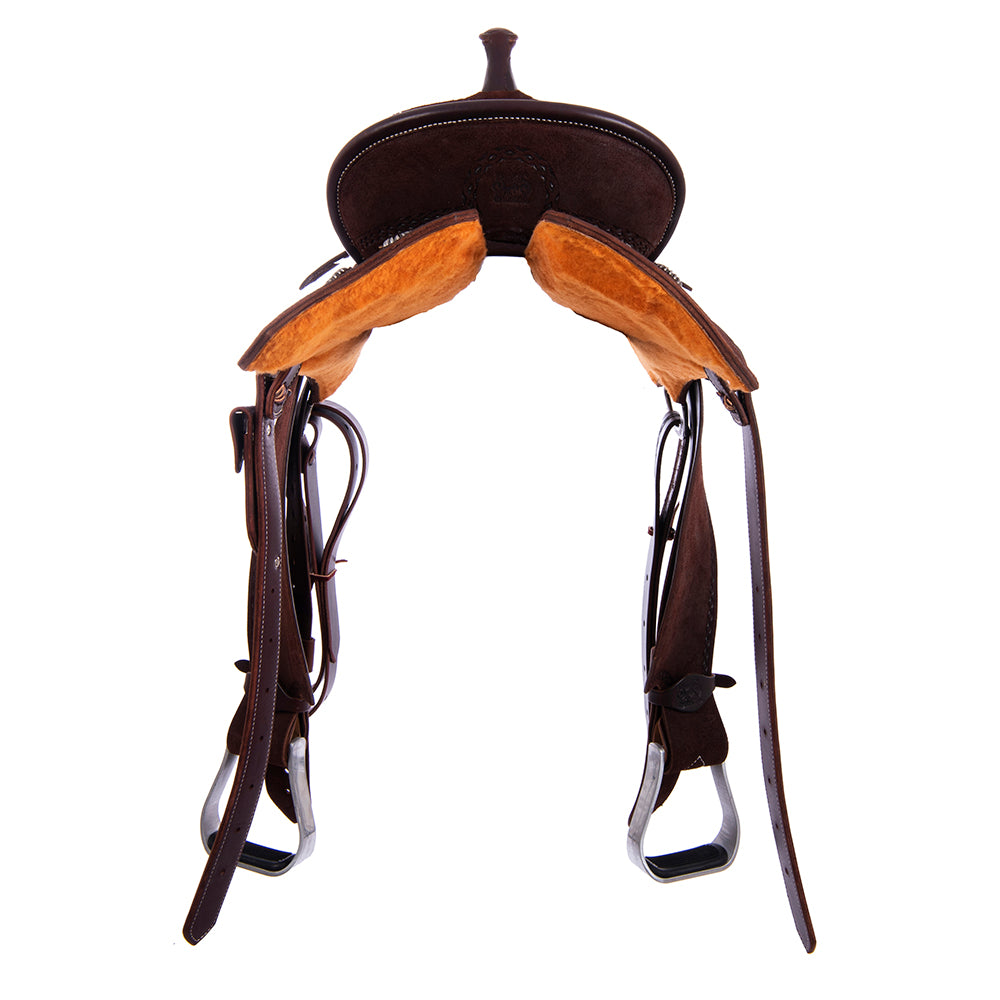 Full Chocolate Roughout Barrel Saddle- Notched Skirts, Diamond Half Diamond Border- Standard Binding- Hard Seat