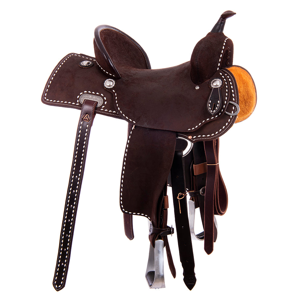 Chocolate RO Barrel Saddle-Semi Square- White Buck Stitch- Standard Binding