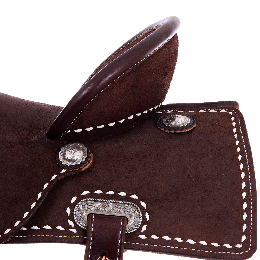 Chocolate RO Barrel Saddle-Semi Square- White Buck Stitch- Standard Binding