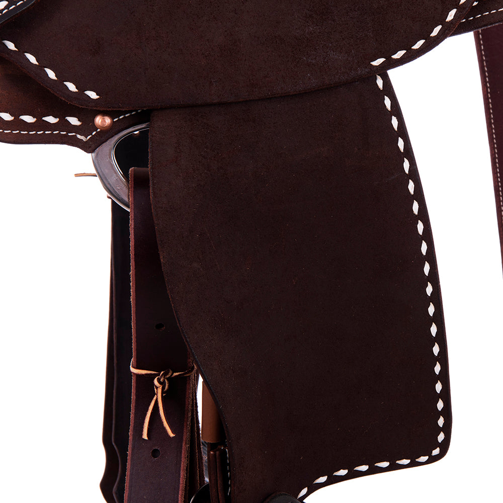 Chocolate RO Barrel Saddle-Semi Square- White Buck Stitch- Standard Binding